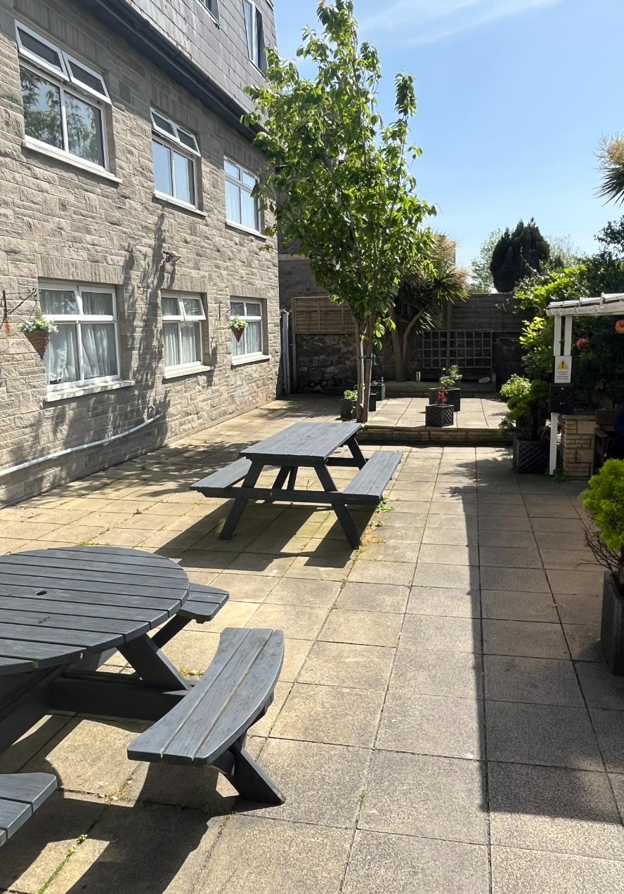 sunny patio garden with benches